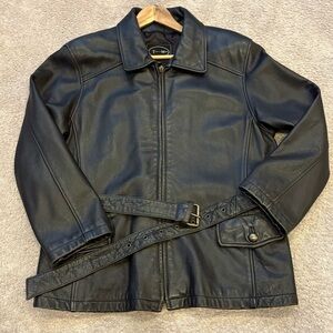 VTG 90s Tannery West Leather Black Brown Belt Collar Zip Jacket Coat Women  XL